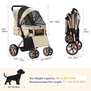 Візок для собак DWVO 3 в 1: переноска, сумка, візок. До 22 кг, EVA-колеса, сітчасті вікна, кошик для речей. 58.5x76x105 см