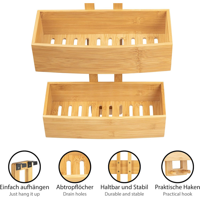ONVAYA® Shower Shelf - No Drilling Required | Bamboo | Bathroom Shelf for Hanging | Shower Shelf Made of Wood | Hanging Shelf for the Shower