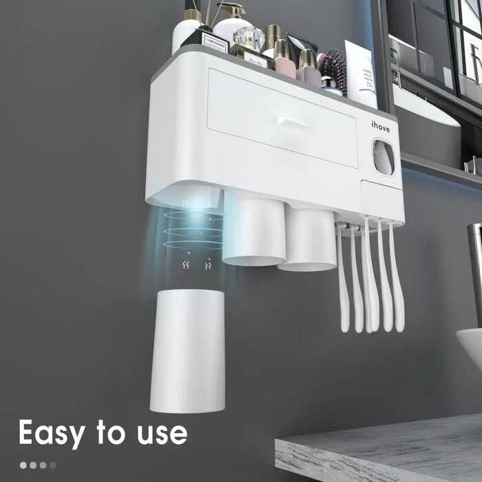 I have a bathroom toothbrush holder, 3-cup toothbrush holder with toothpaste dispenser, bathroom accessories with large storage space, cosmetic drawer, white
