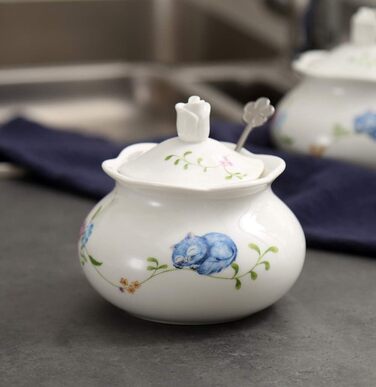 Hotoco Sugar Bowl, Ceramic Sugar Bowl with Lid and Stainless Steel Spoon for Home and Kitchen - Flower Design, White flower