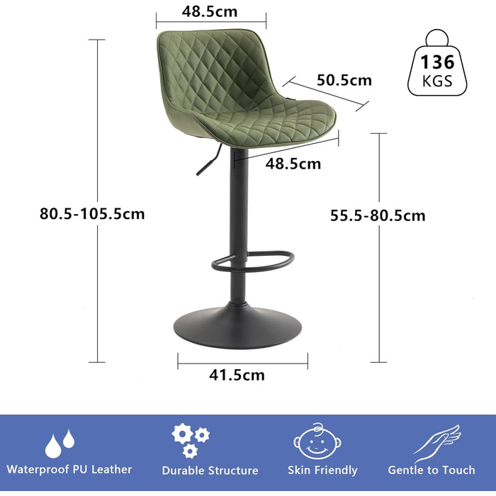 YOUNIKE Adjustable Bar Stools 2-Pack - Modern Kitchen Barstools with PU Leather Upholstery, Swivel Metal Bar Chairs for Counter/Island (Green)