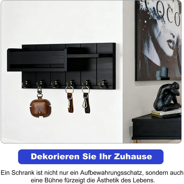 Дерев'яне ключниця з полицею, органайзер для ключів на 6 гачків, декоративна полиця для ключів з 4 шурупами для прихожої, входу, спальні