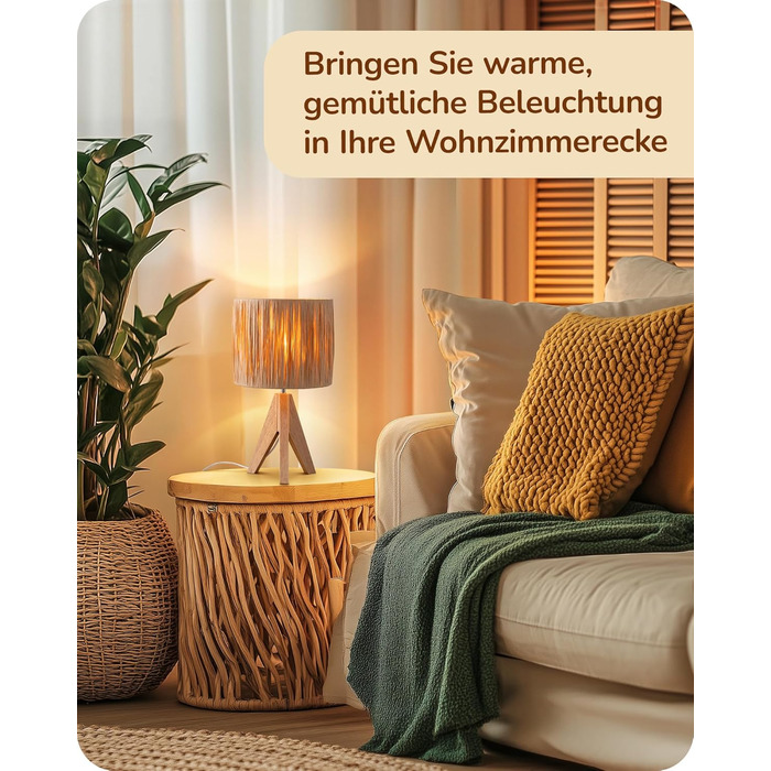 EDISHINE Настільна лампа з ручним плетінням, тепле світло 2700K, з дерев'яною підставкою, Boho стиль, для спальні, вітальні, готелю, з LED лампою E27 4W (рафія)
