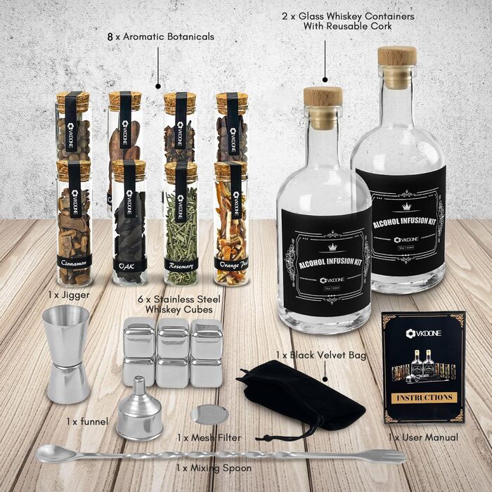 Набір для виготовлення віскі: інфузія, 8 дерев'яних стружок, кубики льоду з нержавіючої сталі, мірний стакан, барна ложка, воронка