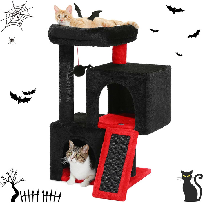 PETEPELA Scratching Post with Dual Condos for Apartment Cats, All-in-One Cat House with Padded Perch, Scratch Ramp & Post, and Replaceable Balls (Black, S 77cm)