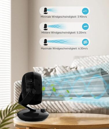 WOWDSGN Вентилятор для дому: тихий настільний циркулятор повітря 24dB, 3 швидкості, 100°/80° осциляція, чорний Xd-1586fc
