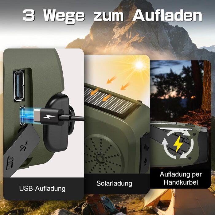 Радіо на механічній та сонячній енергії Notfall Kurbel Radio з Power Bank, USB, AM/FM, SOS-сигналом, ліхтариком - зелений