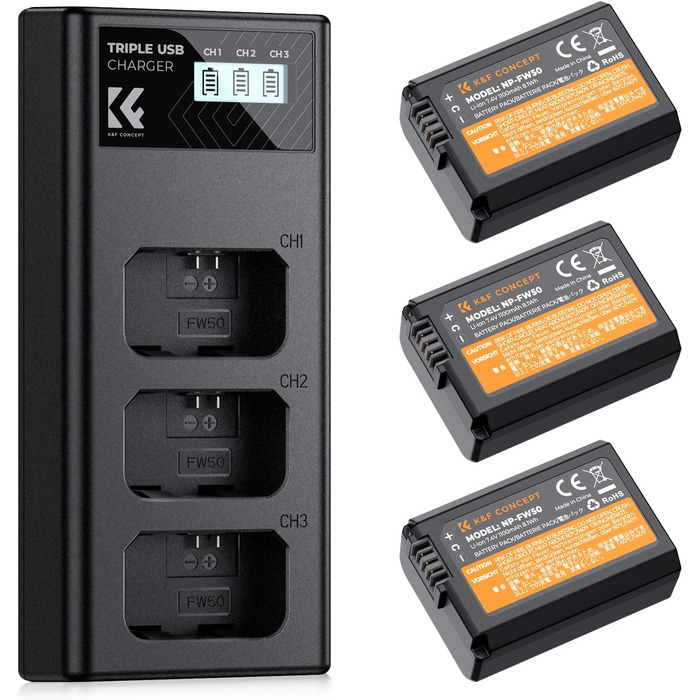 Акумулятор K&F Concept NP-FW50 1100mAh (3 шт.) з трьохслотним LCD зарядним пристроєм для Sony ZV-E10, Alpha A6000, A6300, A6400, A6500, A5000, A5100, a7, a7II, a7R, a7RII, a7S, a7SII