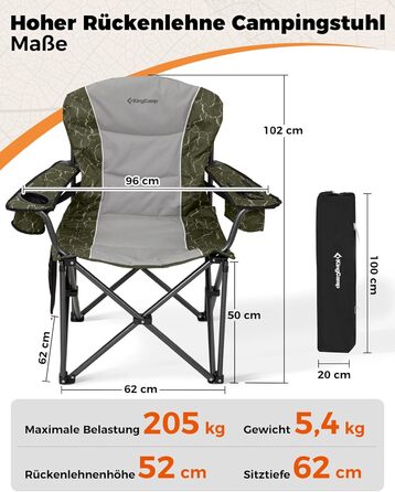 Крісло для кемпінгу KingCamp XXL, 205 кг, розкладне, з підлокітниками та регульованою спинкою, з кишенею для напоїв та сумкою-холодильником, зелене, сучасний дизайн (2 шт)