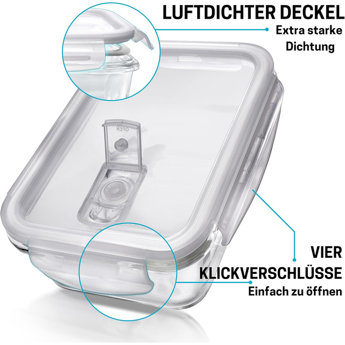 Контейнери для їжі Igluu Glas - 5 шт + 1 кришка, 840 мл, скло Borosilicate, мікрохвильова, духовка, морозилка, посудомийка, герметичні, прямокутні