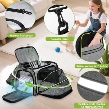 Транспортна сумка для котів та маленьких собак ALLSOPETS, розширювана, з підкладкою з флісу та кишенями (сірий & зелений)