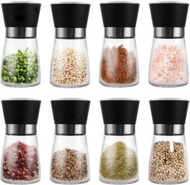 Набір з 8 мельниць для солі та перцю, ручні, з регульованим керамічним жорном, 13.5X6.4 см, прозорі, для різних спецій