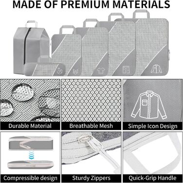 Органайзер для валізи, набір 6 шт. Компресійні куби для пакування, органайзер для подорожей, сірий