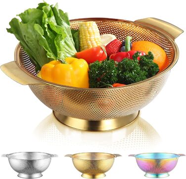 Ситечко Kyraton Gold Colander 5 Quart: професійне нержавіюче сито з покриттям з титану та золота, міцні ручки та основа для самостійного зливу, легко миється, підходить для миття в посудомийній машині
