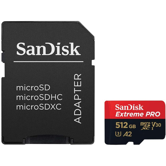 Карта пам'яті SanDisk Extreme PRO microSDXC UHS-I 512 GB з адаптером та RescuePRO Deluxe, A2, V30, U3, Class 10, швидкість до 200 МБ/с для смартфонів, екшн-камер та дронів