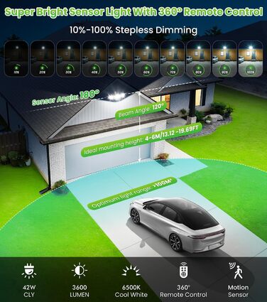 CLY 42W LED Floodlight with Motion Sensor and Remote Control, 3600LM 6500K Cool White Outdoor Floodlight with Adjustable 3 Heads LED Floodlight IP66 Waterproof Spotlight Floodlight for Garage Terrace