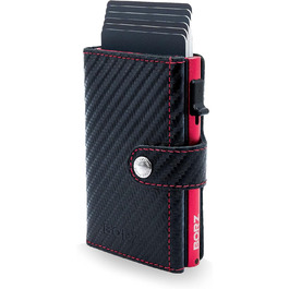 Крутий чохол-картхолдер BORZ Prime для AirTag з відділенням для монет, цифровою візитною карткою, захистом RFID, карбоном та червоною строчкою. Slim, шкіряний, з червоною строчкою.