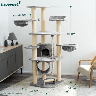Кігтеточка для котів HAPPYPET 181 см - стабільний кімнатний комплекс з будинком, тунелем та ігровим майданчиком, сірий