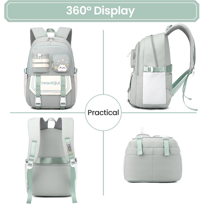 Дитячий рюкзак IvyH для дівчаток – велика місткість, водонепроникний, ідеальний для школи (2-6 клас), зелений