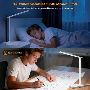 LED лампа для столу Akynite з регулюванням яскравості, USB, 2A адаптер, 5 кольорів, 10 рівнів яскравості, таймер, сенсорне управління, для дітей, білий