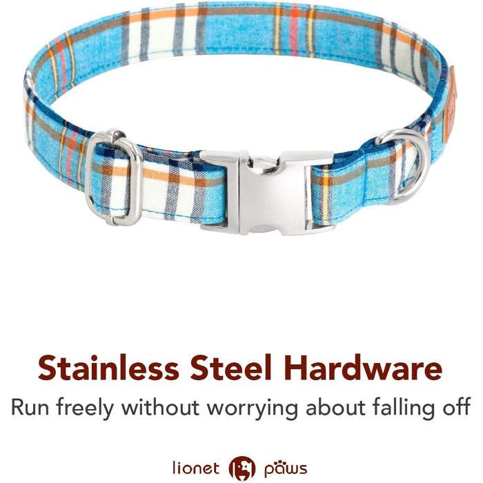 Нашийник для собак Lionet Paws з метеликом, бавовна, металевий замок, XL, 40-66 см, блакитний в клітинку