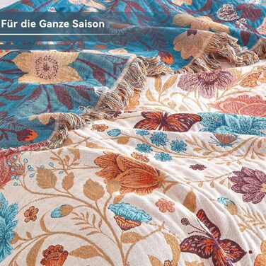 Богемна ковдра Boho з 100% бавовни, м'яка двостороння муслінова ковдра 150x200 см, плед для дивану та ліжка, декоративна patchwork ковдра, літня ковдра для вітальні, зелено-бежева (200 x 230 см, Blumentanz)