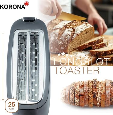Тостер Korona 21060 на 4 скибки, довгий слот, регулювання ступеня підсмажування, розморожування, підігрів, 1400 Вт, підставка для булочок, піддон для крихт, центрування хліба, чорний матовий