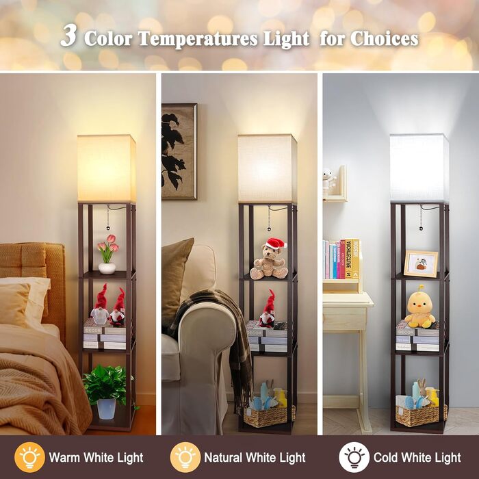 Світлодіодна торшер з дерева, 1.6м, з цоколюванням E27 (3000K-5000K), ретро торшер з 3 полицями, 3 колірні температури, настільна лампа з абажуром для спальні, кута, вітальні, офісу (коричневий)