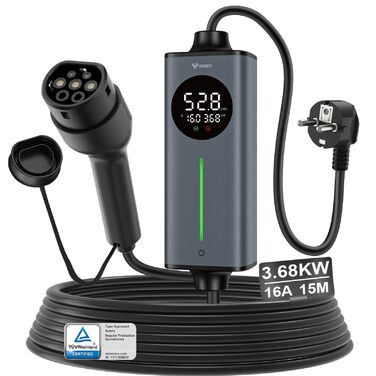 Кабель для зарядки електромобіля GONEO Typ 2 Schuko, 10м, 16A, 3.68 кВт, AC/DC, з захистом FI, таймер, автоматичне заземлення та контроль температури, сертифікований TÜV