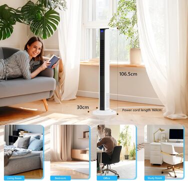 Вентилятор вежний Bonnlo з пультом, Wi-Fi, LED-дисплеєм, 3 швидкості, 3 режими (природний/звичайний/нічний), 60° осциляція, 24 ft/s, 40 дБ, білий