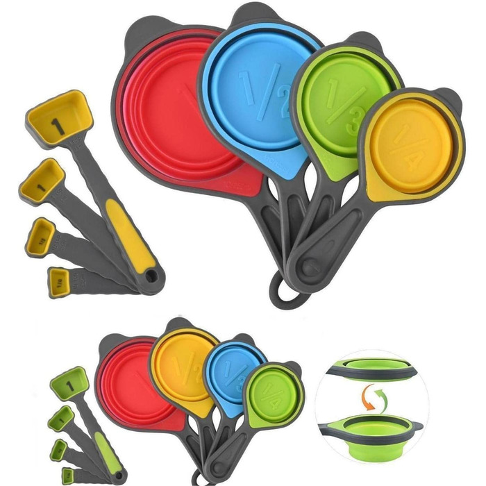 Collapsible Measuring Cup and Spoon Set, 16-Piece Portable Silicone Measuring Cup and Spoon, Food-Grade Silicone Measuring Tool Set, Yellow-Green Color (Random Rainbow)