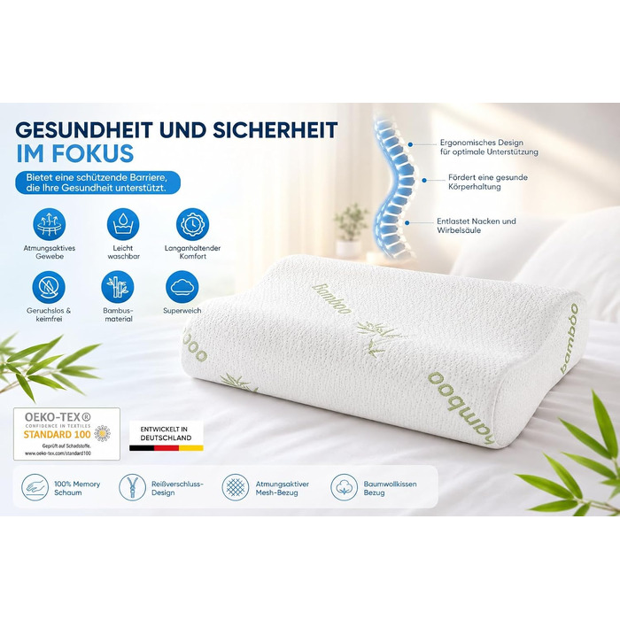 Ортопедична подушка з ефектом пам'яті (Memory Foam) з бамбуковим чохлом, ергономічна підтримка шиї для будь-якої пози сну, біла, 60x40x12/10 см