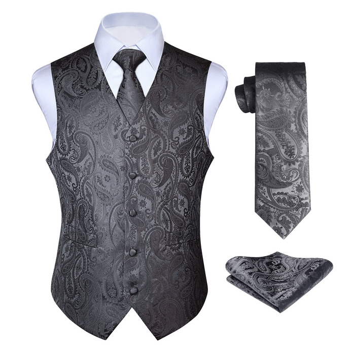 Костюмний жилет для чоловіків Enlision на весілля з патерном пейслі, жилет та краватка, нагрудна хустинка, квітковий жакард, сірий, розмір M