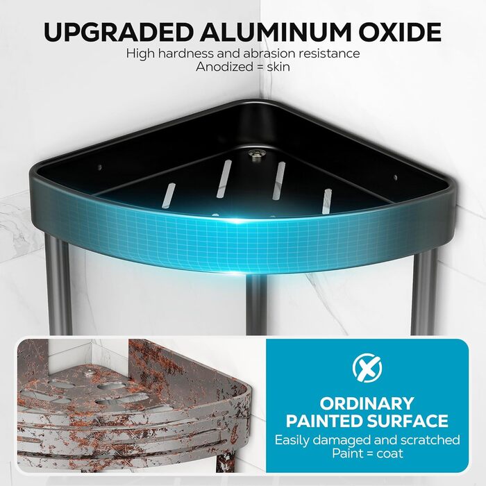 Поличка для душу Nieifi без свердління, кутова, з нержавіючої сталі, 4 яруси, чорна