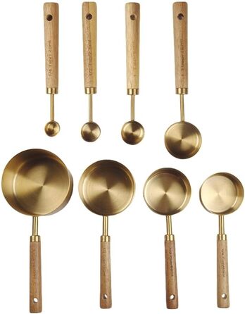 8-Piece Stainless Steel Baking Tool Set, Measuring Cups, Measuring Spoons, Wooden Handle, Kitchen Utensils for Coffee Powder