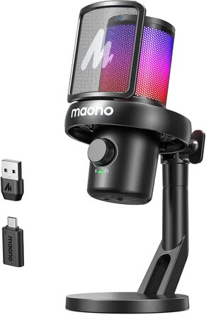 Мікрофон MAONO DM40 бездротовий для ПК з RGB підсвіткою та ШІ-зміною голосу, 3-рівнева шумоподавлення, для геймінгу, подкастингу та стрімінгу (чорний)