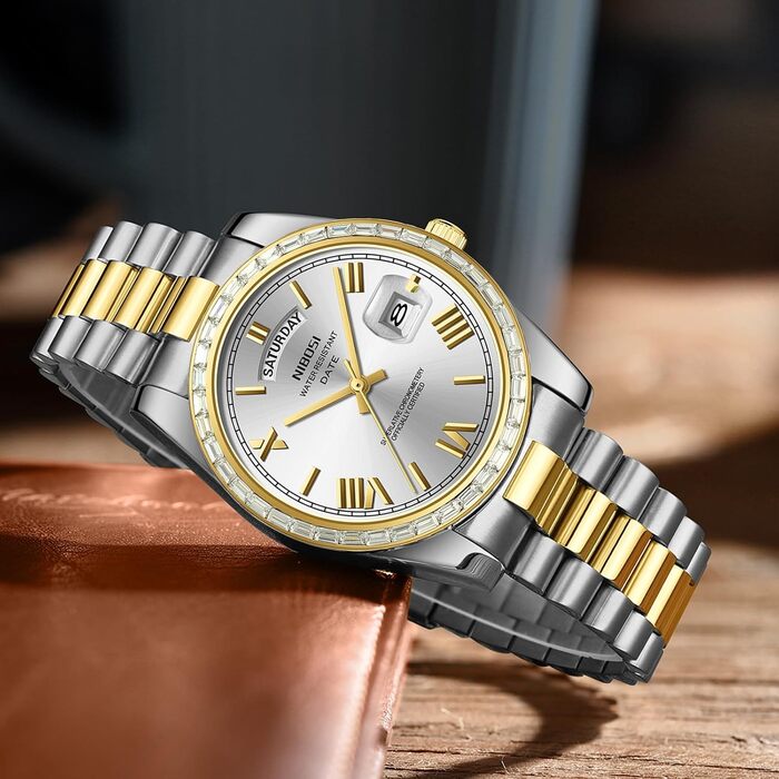 Годинник NIBOSI для чоловіків: аналоговий кварцовий годинник з діамантовою безелем, сталевим циферблатом, рожевим золотом та сріблом. Водонепроникний бізнес-годинник у стилі casual, класичний дизайн з датою та днем тижня (Золотий, Білий)