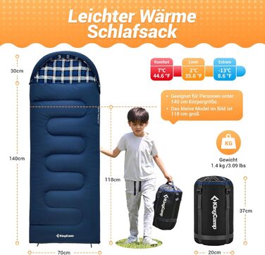 KingCamp Kids Sleeping Bag - Winter Warmth & 3-4 Season Comfort for Camping & Trekking - 170x70cm, 7°C Rating