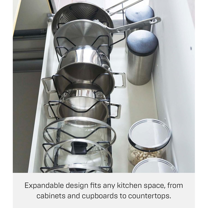 Yamazaki 3841 TOWER Pull-out Pot & Pan Rack, Black, ABS Resin/Steel, Minimalist Design, 45～82 x 20 x 17.5 cm (LxBxH)