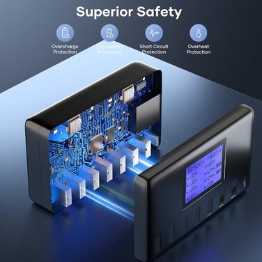 Зарядний пристрій USB 60W, 8 портів, з LCD дисплеєм, USB-C Hub для iPhone, iPad, Android, Samsung, Huawei, Kindle - Чорний