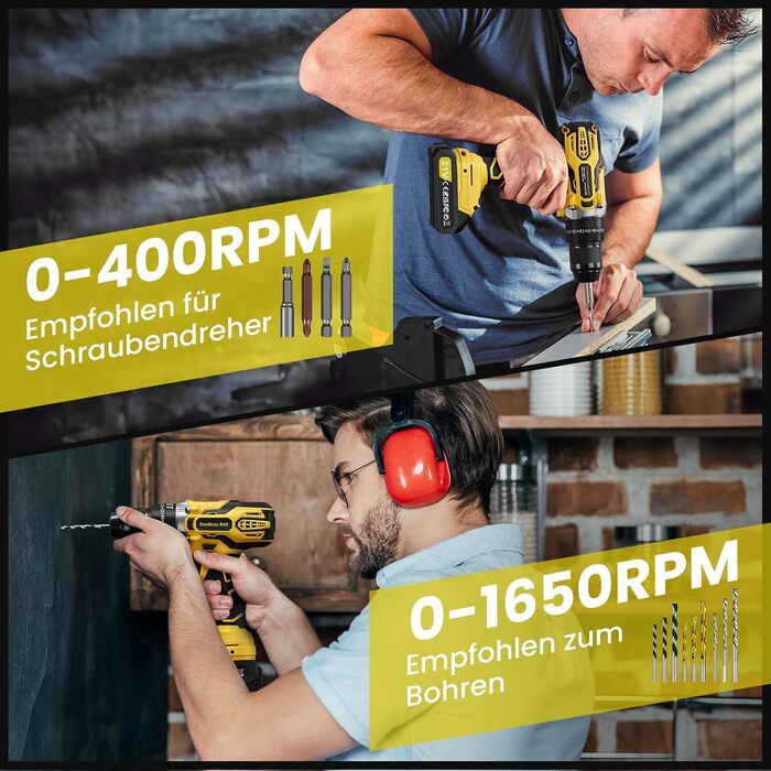 Акумуляторний дриль-шуруповерт 21V з 2 акумуляторами 2000mAh, 45Nm, 25+3 ступені крутного моменту, 10мм патрон, 27 предметів + кейс для домашніх DIY проектів