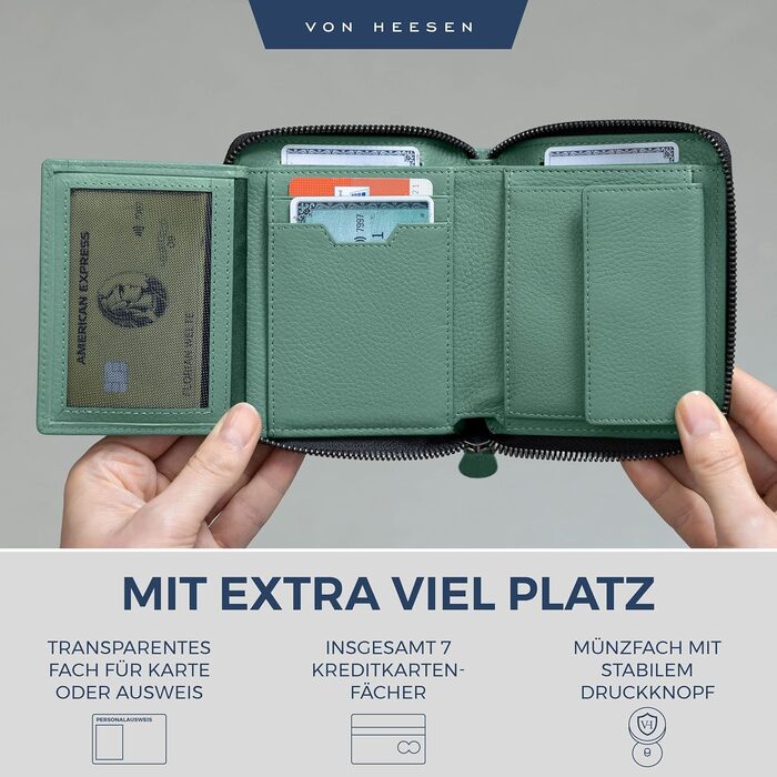 VON HEESEN гаманець із натуральної шкіри з RFID-захистом, бірюзовий, для чоловіків та жінок, з монетницею