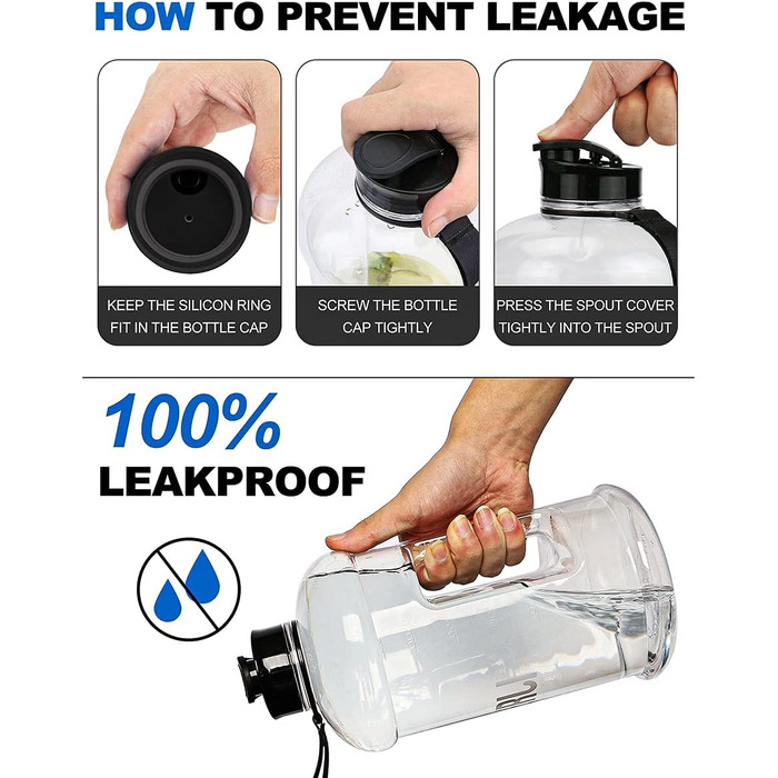 Пляшка для води 2.2л з ручкою, велика прозора, BPA-free, для спорту, туризму, фітнесу, подорожей - міцна пластикова пляшка
