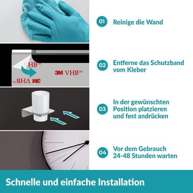 WEISSENSTEIN Toothbrush Holder without Drilling | Cup and Toothbrush Holder to Glue to the Wall | Stainless Steel Holder and White Glass | in Silver
