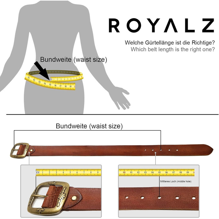 Жіночий шкіряний ремінь ROYALZ Vintage з буйволової шкіри 38 мм, колір коньяк, з антикварною квітковою пряжкою, регульований, довжина 110 см (талія 95 см)