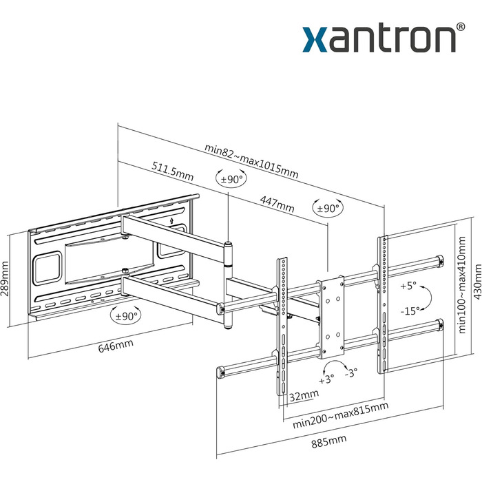 Кронштейн для телевізора Xantron STRONGLINE похилий 37-75 дюймів, VESA до 600x400, макс. 75 кг, плоский, мінімальна відстань від стіни + комплект монтажу (960XL)