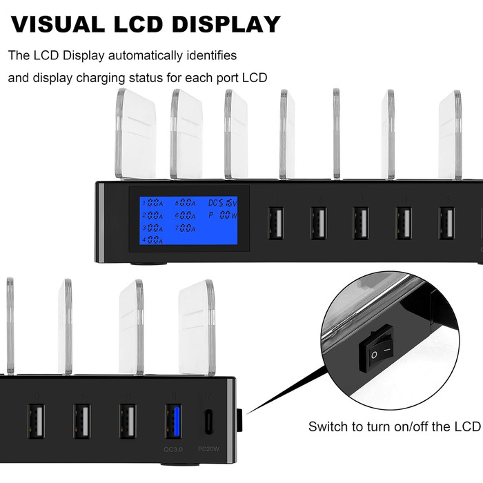 Зарядний пристрій Schnellladestation PD20W QC3.0 7-в-1 з LCD-дисплеєм, Multi-USB, для iPhone, iPad, Samsung, Huawei - Чорний