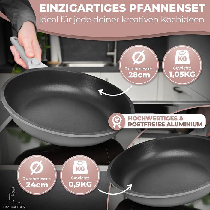 Набір сковорідок TraumLeben Neu 2 шт. 24/28 см з знімними ручками, антипригарне покриття, без PFOA, для індукції, сумісний з духовкою | сковорода, універсальна сковорода (сірий)