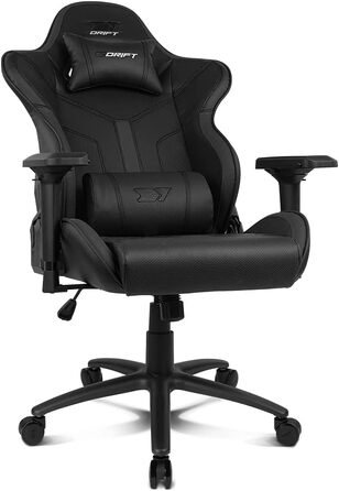 Професійне ігрове крісло DRIFT GAMING DR350 ергономічне, з 4D-підлокітниками, подушками під поперек та шию, нахил спинки 135°, безшумні колеса, чорно-біле