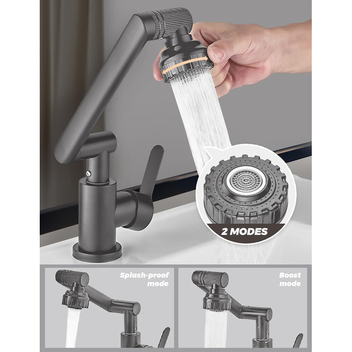 Кухонний змішувач Vorfenster з поворотним гусаком 1080°, 2 режими струменя, нержавіюча сталь, для кухні/ванної кімнати